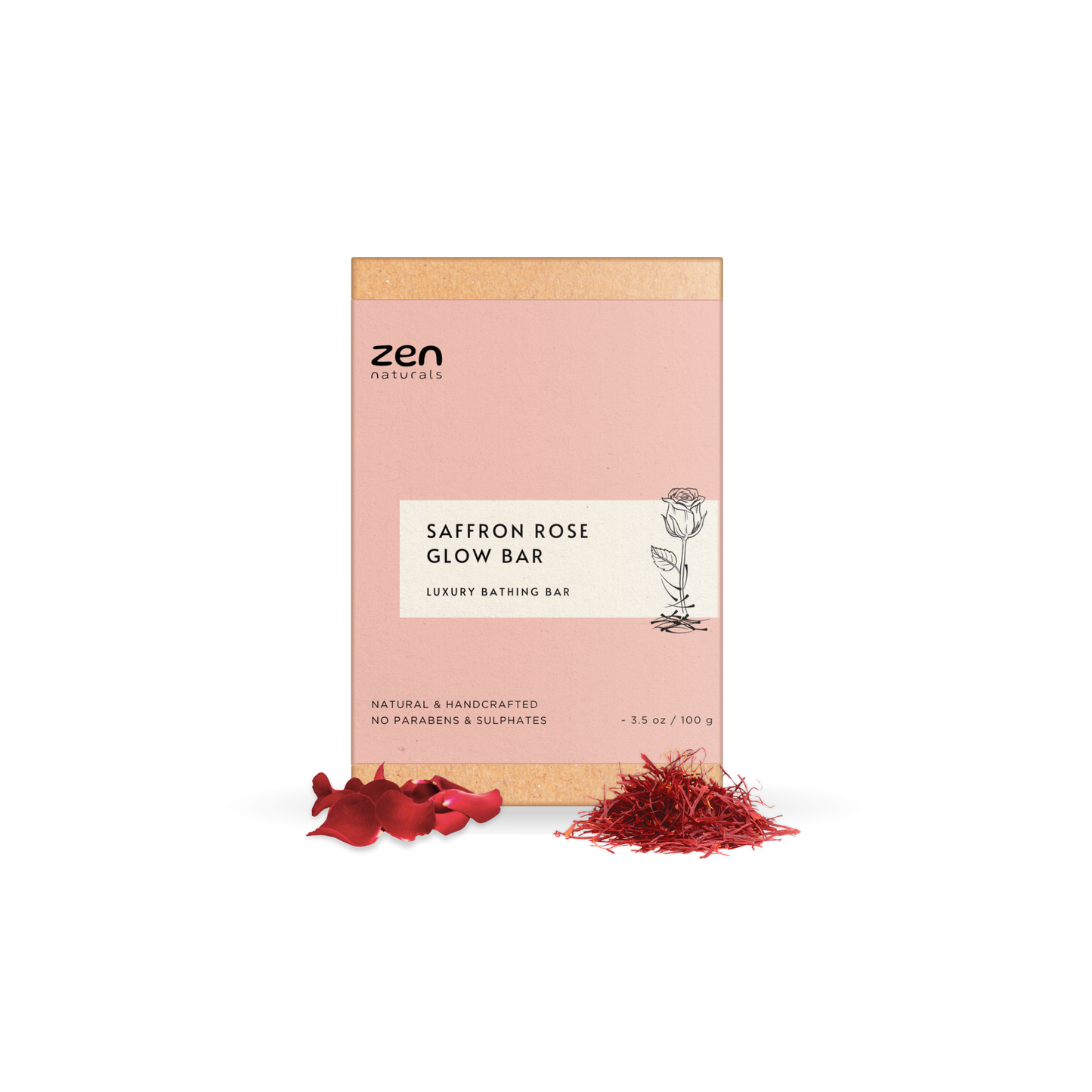 Zen Naturals Saffron Rose Glow Bar โ Handcrafted Luxury Bathing Soap | Brightening & Anti-Ageing Formula | For All Skin Types | 100g | Paraben & Sulphate Free