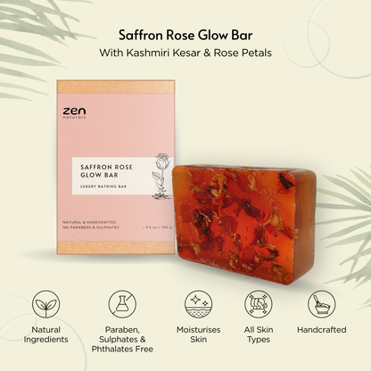 Zen Naturals Saffron Rose Glow Bar – Handcrafted Luxury Bathing Soap | Brightening & Anti-Ageing Formula | For All Skin Types | 100g | Paraben & Sulphate Free