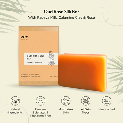 Zen Naturals Oud Rose Silk Bar | Luxury Handcrafted Bathing Soap | Anti-Ageing | For All Skin Types | 100g | No Parabens & Sulphates