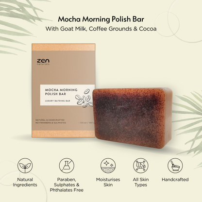 Zen Naturals Mocha Morning Polish Bar – Exfoliating Luxury Soap with Coffee & Cocoa | Anti-Ageing | For All Skin Types | 100g | Paraben & Sulphate Free